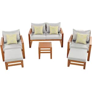 6-Piece Light Brown Wood Patio Outdoor Conversation Set with Grey Cushions, Ottomans and 1 Coffee Table