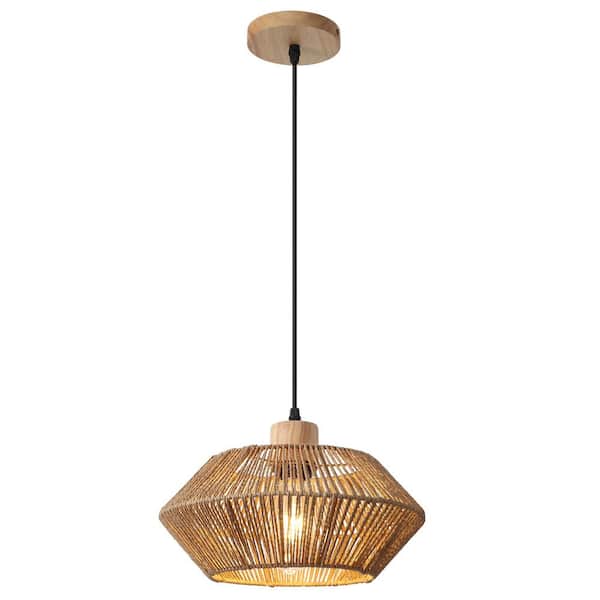 1-Light Brown Pendant Hanging Light with Wood Shade For Bedroom