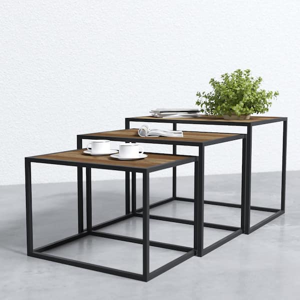 Urban Woodcraft Bauhaus 3-Piece Teak/Black Rectangle Wood Coffee Table Set with Nesting Tables