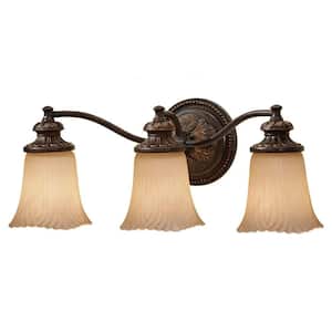 Emma 21.5 in. W 3-Light Grecian Bronze Bathroom Vanity Light with Cream Etched Glass Shade and Vintage Ornate Backplate