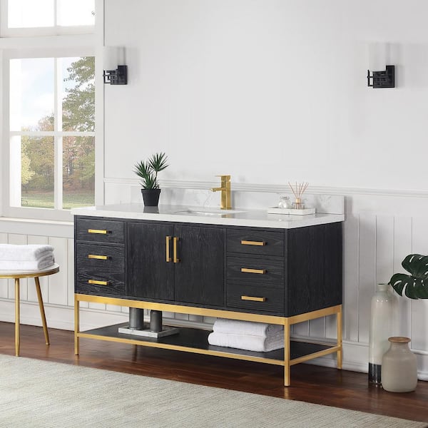 Wildy 60 in. W x 22 in. D x 34 in. H Bath Vanity in Black Oak with Grain White Composite Stone Top