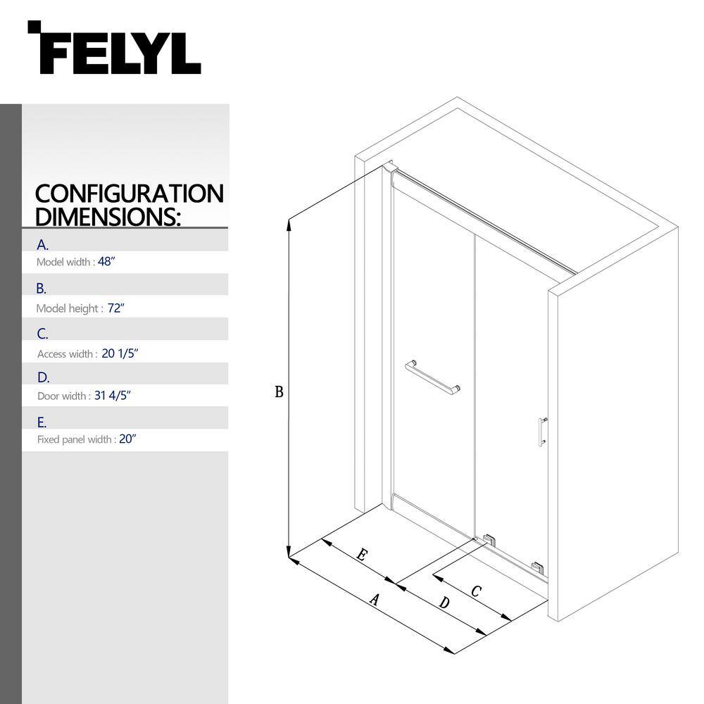 FELYL 48" x 72" Black Framed Sliding Shower Door with Clear Glass