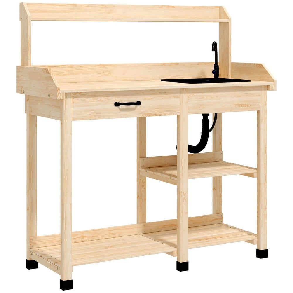 45.25 in. W x 48.5 in. H Natural Wood Potting Bench Table, Outdoor Garden T