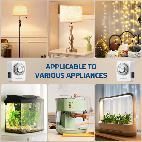 15 Amp 24-Hour Indoor Plug-In Heavy-Duty Mechanical Timer with 2-Grounded Outlets, Daily On/Off Cycle, (2-Pack)