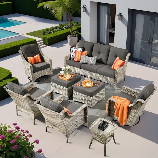 Cherry 8-Piece Wicker Outdoor Furniture Patio Conversation Sofa Seating Set with Swivel Chairs and Black Cushions