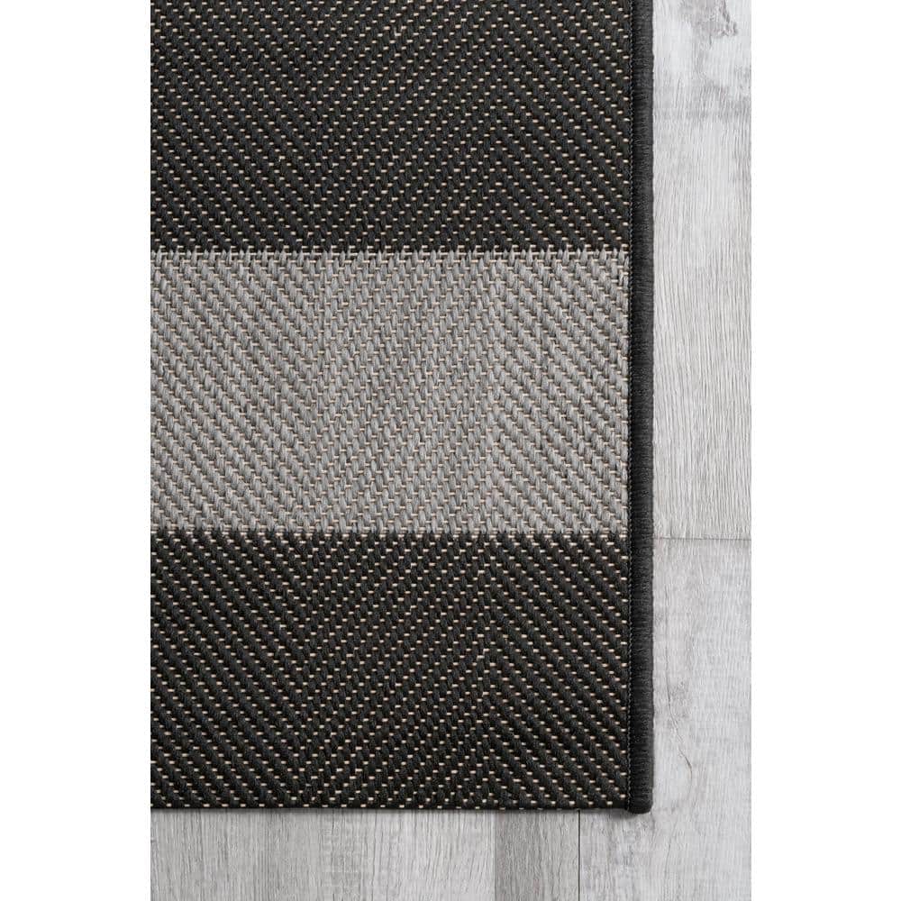 Black and Gray Striped Synthetic Outdoor Area Rug