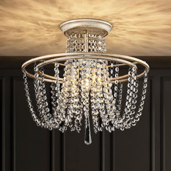 RRTYO Keira 3-Light 17.32 in. Traditional Vintage Antique White Round Crystal Semi-Flush Mount Light