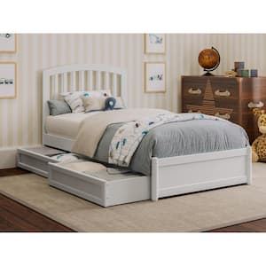 Lucia White Solid Wood Frame Twin Platform Bed with Panel Footboard and Storage Drawers