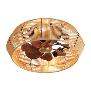 20 in. Indoor Boho Brown Woven Ceiling Light with Fan, Flush Mount Caged Ceiling Fan with Remote and APP Control