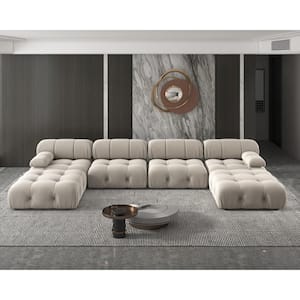 138 in. W Square Arm Velvet U Shaped 4-piece Free combination Modular Sectional Sofa with Ottoman in Beige