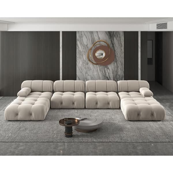 J&E Home 138 in. W Square Arm Velvet U Shaped 4-piece Free combination Modular Sectional Sofa with Ottoman in Beige