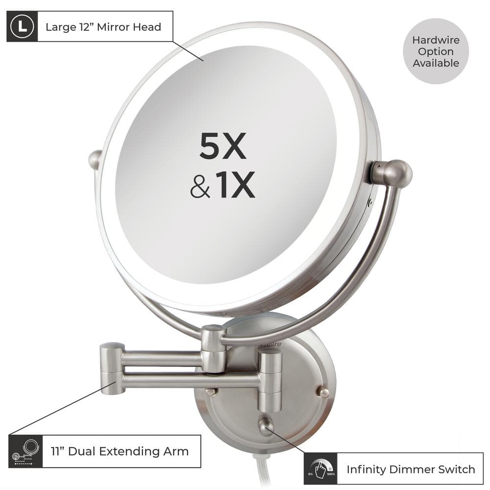 Satin Nickel 14" Dual-Sided 5X/1X Magnifying Wall Mirror with Adjustable Brightness