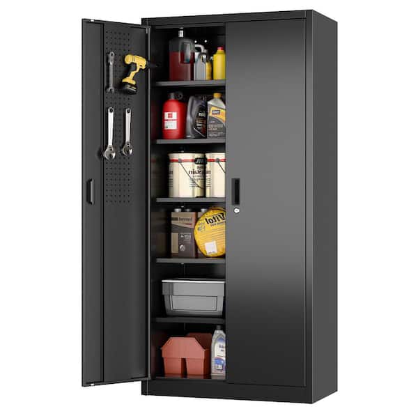 34 in. W x 71 in. H x 18 in. D Metal Storage Freestanding Cabinet with 5-Adjustable Shelves, Pegboard, Hook in Black