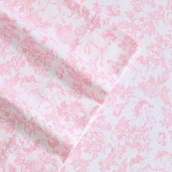 Laura Ashley Toile Unicorn 4-Piece Pink Microfiber Queen Sheet Set