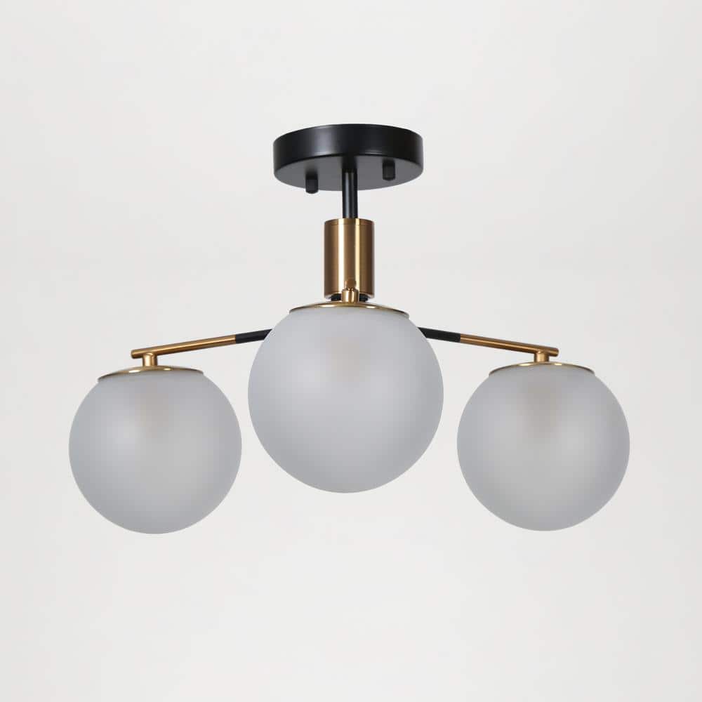 Modern 19" Matte Black and Brass Semi-Flush Mount with Frosted Glass Globes