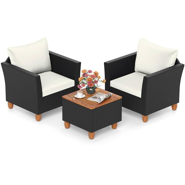 3 Piece Patio Wicker Sofa Set Outdoor Rattan Furniture Set with Side Table Off White Cushions