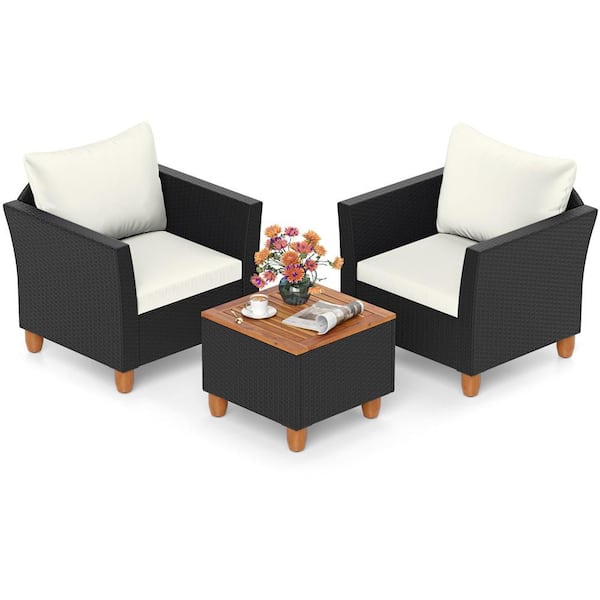 3 Piece Patio Wicker Sofa Set Outdoor Rattan Furniture Set with Side Table Off White Cushions