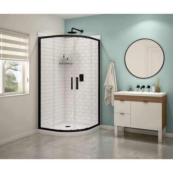 Sakura 38 in. x 38 in. x 74.62 in. Center Drain Corner Shower Stall/Kit in White with Frameless Door in Matte Black