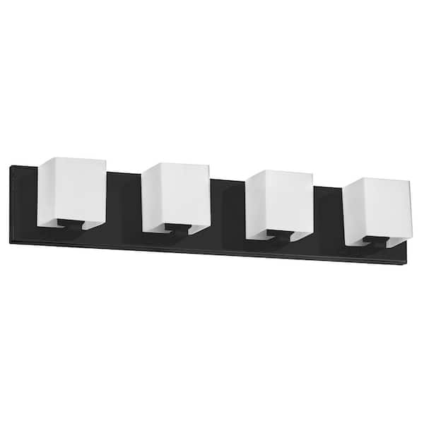 Dainolite Verona 26 in. 4-Light Matte Black Vanity Light with White Glass Shade