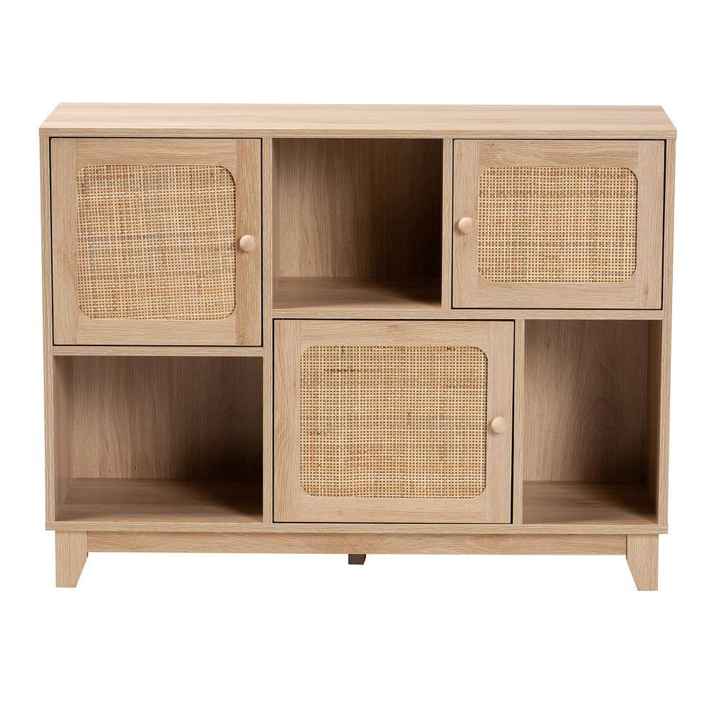 Elsbeth Light Brown Wood and Rattan 3-Door Sideboard