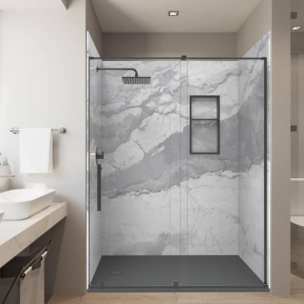 Italian Ice 36 in. x 60 in. x 84 in. Combo Solid Composite Stone Alcove Showerkit Matching Black Matte Doorniche & Drain