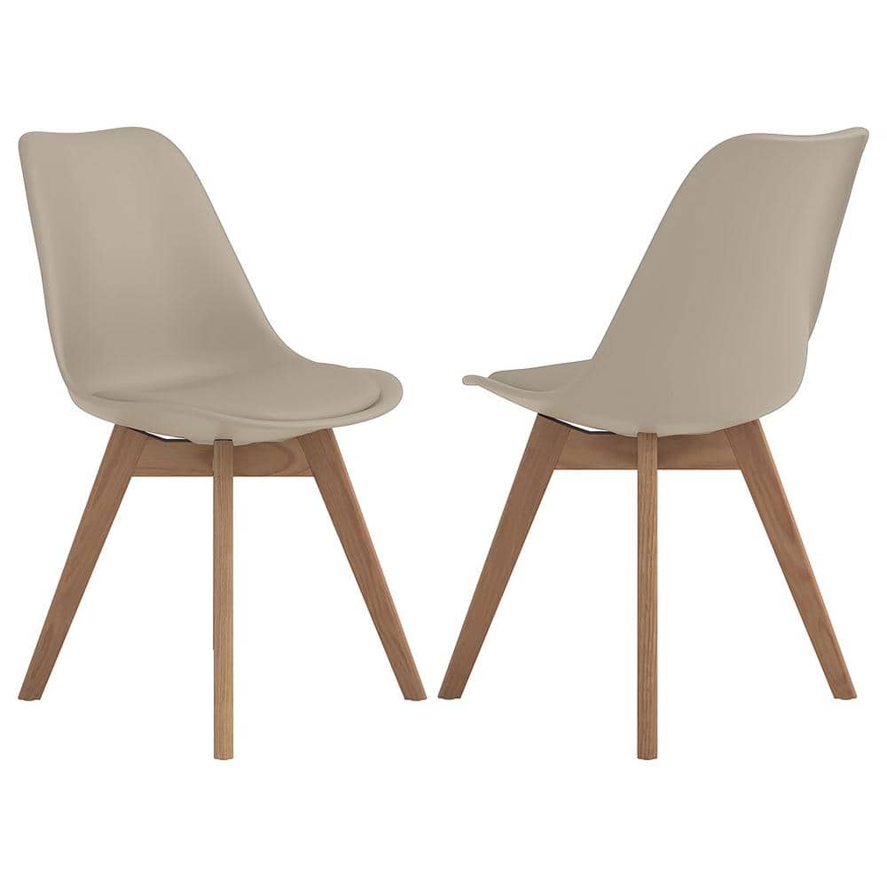 Tan Upholstered Transitional Side Chair with Oak Legs