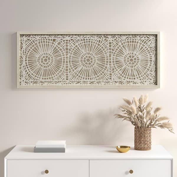 Unbranded Medallion Motif 39.5 in. x 15.75 in. Handmade Rice Paper Wood Framed Shadow Box Wall Art, for Living Room, Dining Room