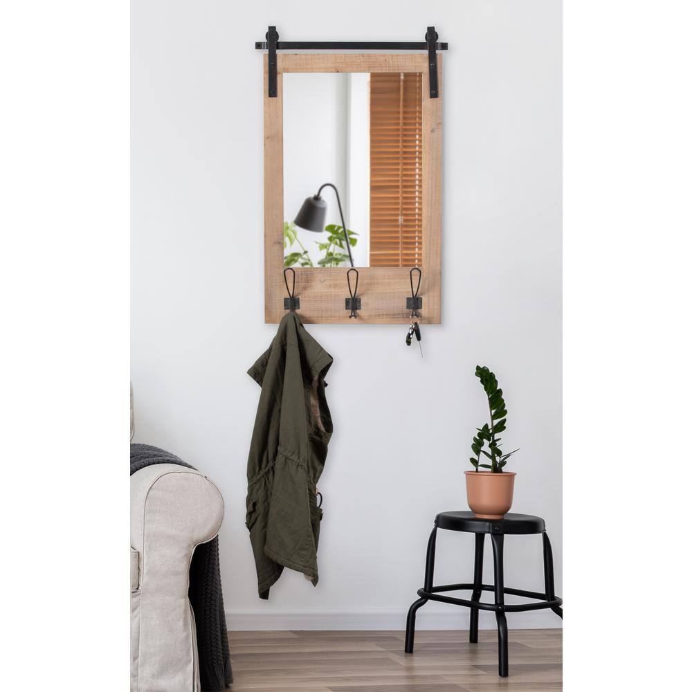 Rustic Brown Wood Wall Mirror with Hooks and Iron Bar