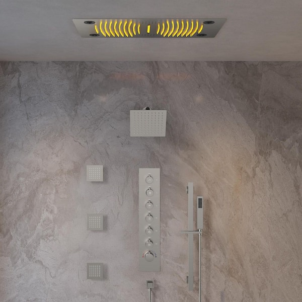 Aurorasymphony LED Bluetooth 6-Spray Ceiling Mount 28 and 8 in. Dual Showers 3-Jet Handheld 2.5 GPM in Brushed Nickel