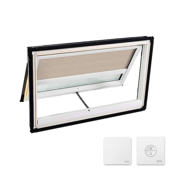 VELUX 44-1/4 in. x 26-7/8 in. Venting Deck Mount Skylight w/ Laminated Low-E3 Glass & Beige Solar Powered Room Darkening Blind