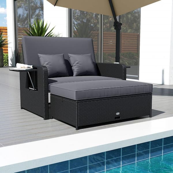 2 Piece PE Wicker Metal Outdoor Day Bed with 4-Level Adjustable Backrest, Storage Ottoman, Gray Cushions + Black Frame