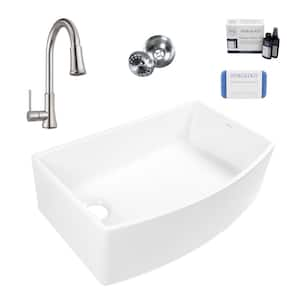 Bradstreet II 33 in. Farmhouse Bow Front Single Bowl Crisp White Fireclay Kitchen Sink with Pfirst Faucet Kit