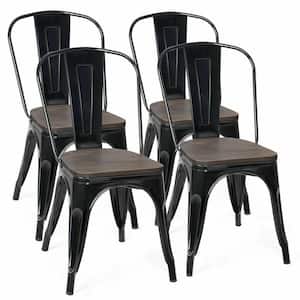 Set of 4, Metal Dining Chair Stackable with Wood Cushion in Black & Coffee
