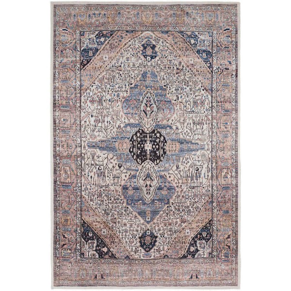 Nourison Machine Washable Brilliance Ivory Blue 4 ft. x 6 ft. Center Medallion Traditional Area Rug