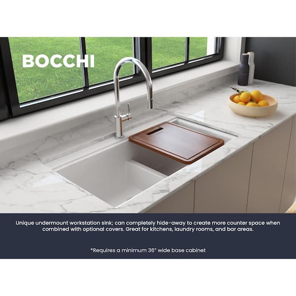 Baveno Lux 33 in. Undermount Double Bowl Milk White Granite Composite Kitchen Sink w/Integrated Workstation and Acc.