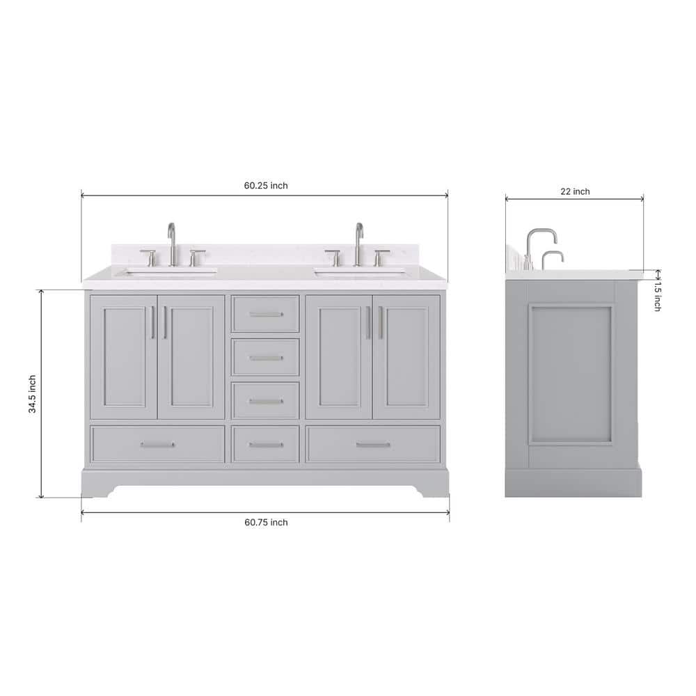 Stafford 60" Gray Double Sink Freestanding Vanity with Carrara Quartz Top