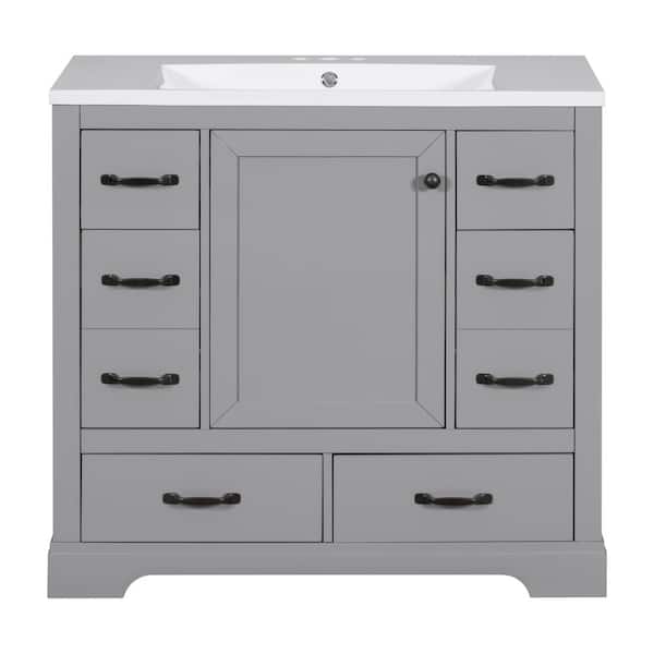 Virubi 36 in. W x 18 in. D x 34.2 in. H Single Sink Bath Vanity in Gray with White Ceramic Top, 6-drawer and Adjustable Shelf