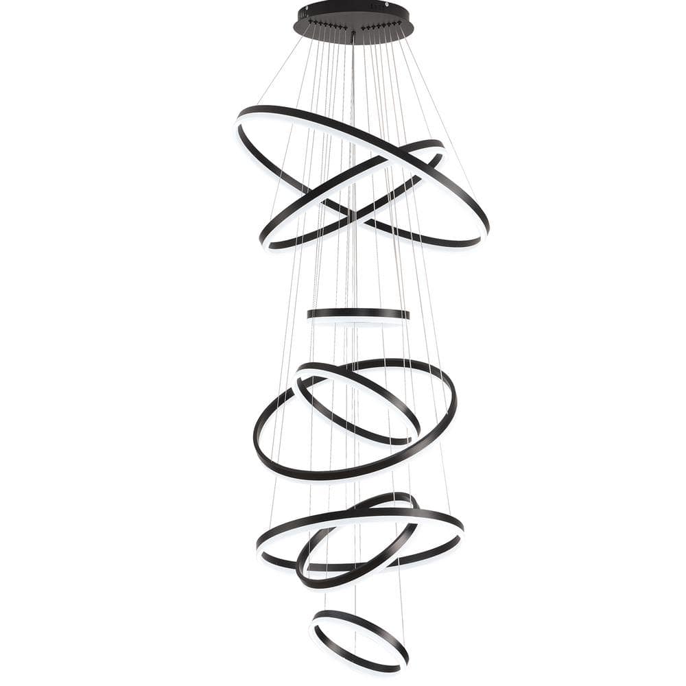 8-Lights High Ceiling Chandelier, Dimmable Integrated LED 8-Rings Modern Bl