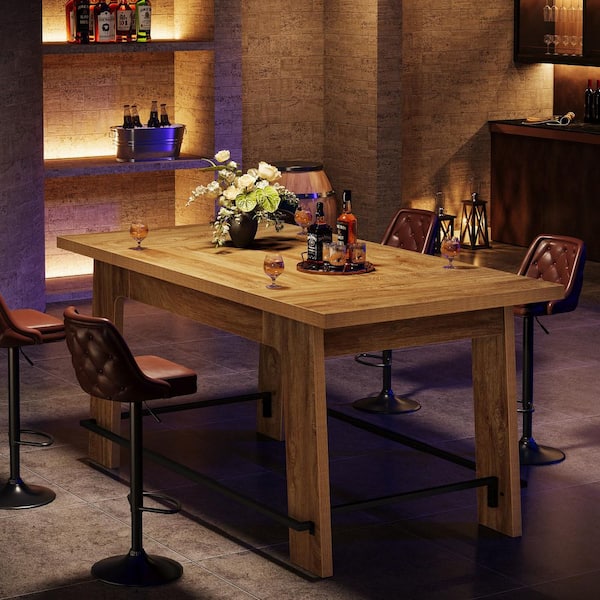 62.6 in. Rectangle Brown Bar Table, Large Pub Table Home Bar Table Counter Height Dining Table with Metal Footrest
