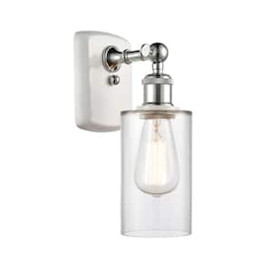 Clymer 1-Light White and Polished Chrome Wall Sconce with Clear Glass Shade