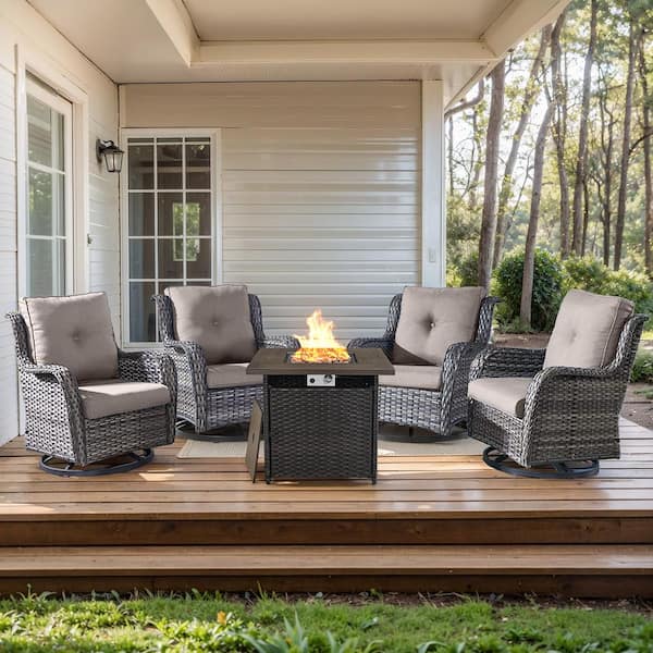 moosprr 5-Piece Gray Wicker Fire Pit Conversation Set with Olefin Gray Cushions and Swivel Glider Rocking Chairs