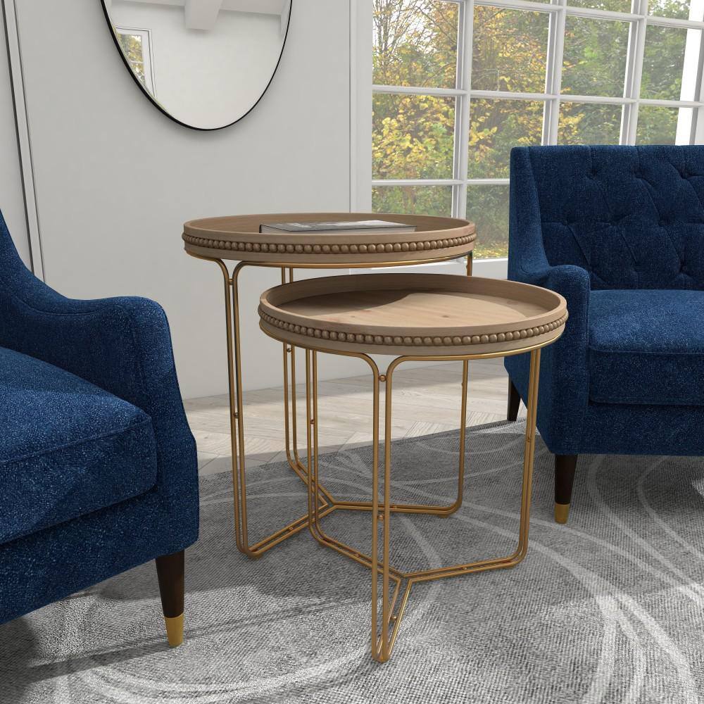 Round Light Brown Wood and Gold Metal Nesting Tables Set