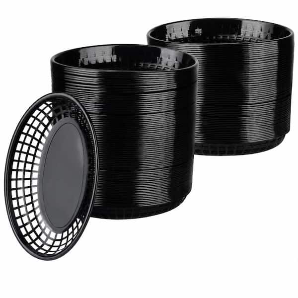 100-Pack 9 x 5.7 in. Black Oval Plastic Fast Food Baskets with 100 Deli Paper Liners for Serving