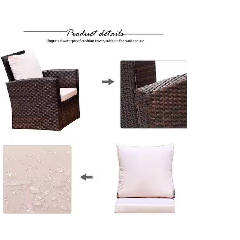 4-Piece Brown Steel Frame Patio Set with Beige Cushions
