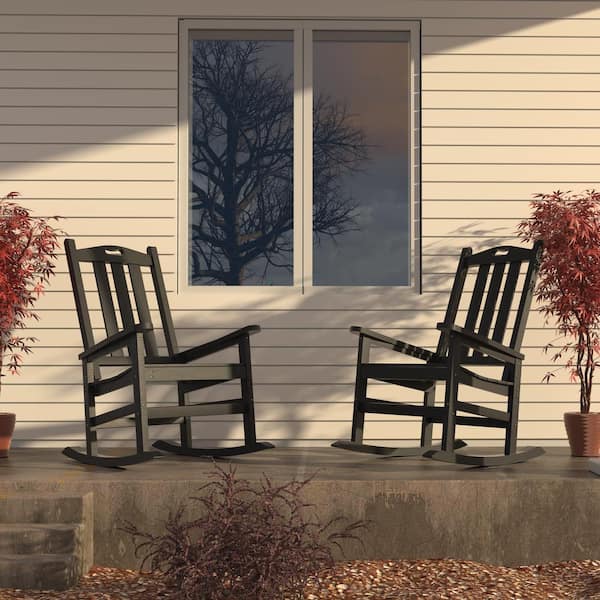 VEIKOUS 2-Pcs Plastic Outdoor Rocking Chair Set, Black