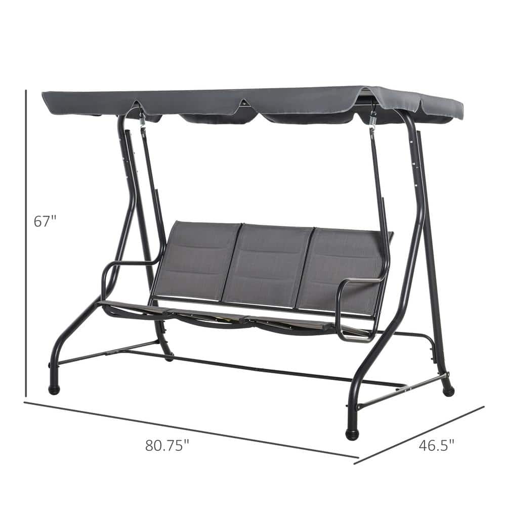 Gray Steel Trio-Seating Outdoor Swing Chair with Canopy
