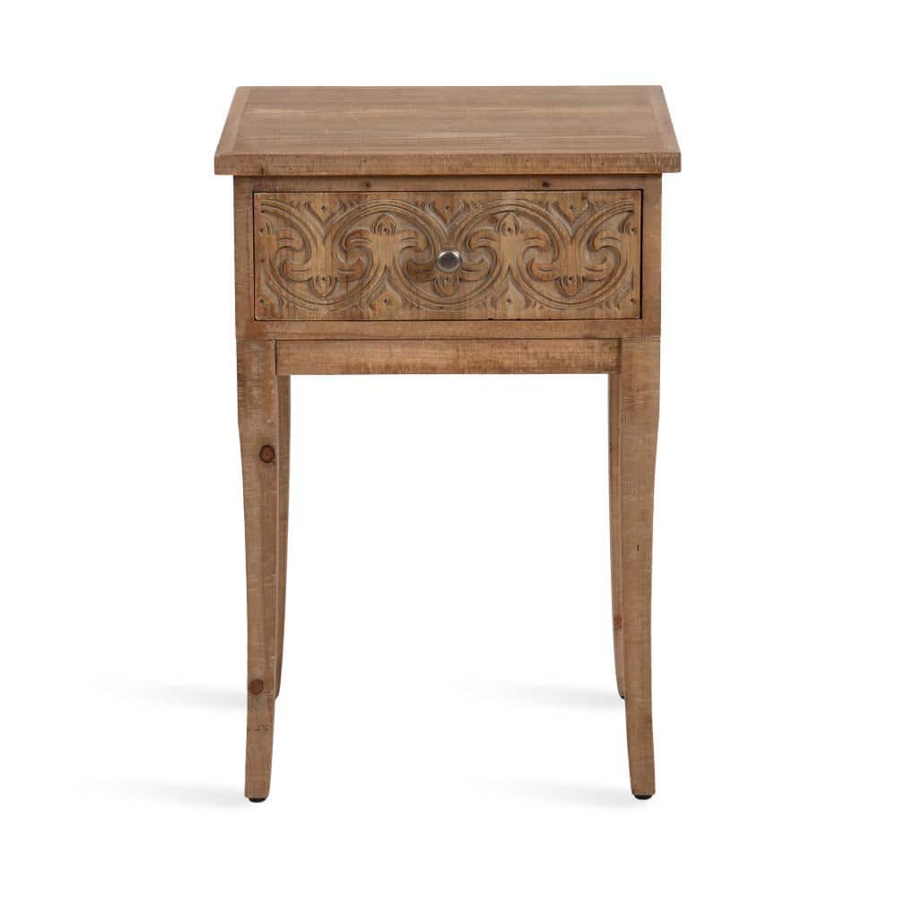 Hazelnut Rustic Wood Side Table with Carved Drawer