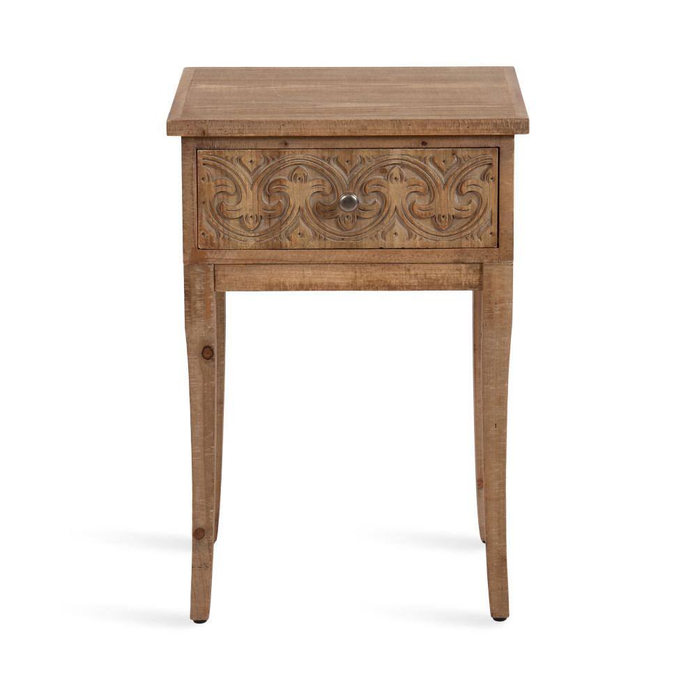 Hazelnut Rustic Wood Side Table with Carved Drawer