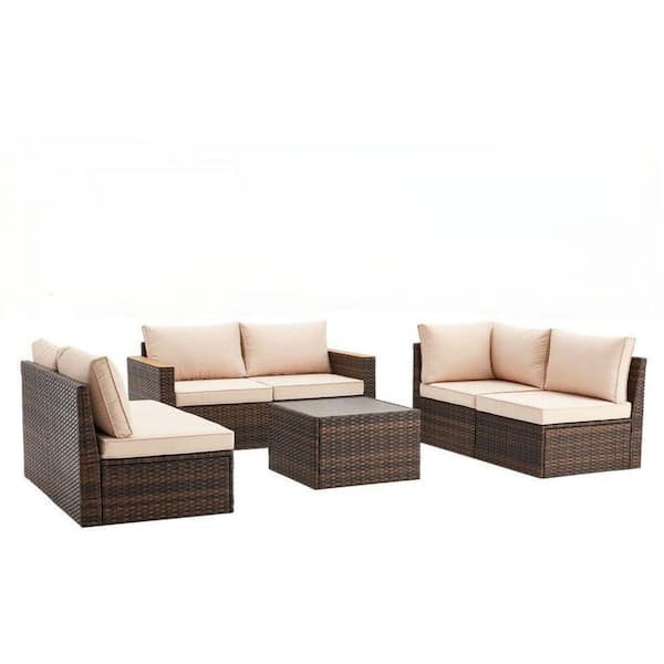 DENISLAWN Brown Rattan Patio Furniture Set, 7 Pieces with Ottoman, Wicker Outdoor Sectional Sofa with Khaki Cushion