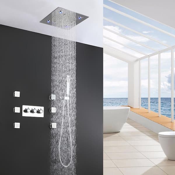12 in. 6-Jet Thermostatic Ceiling Mount LED Rainfall Shower System with Side Bathroom Shower Mixer Set in Chrome